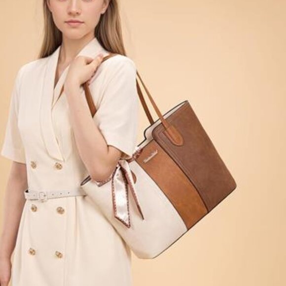 Montana West Medium Tote Bag Brown & Beige Vegan Leather Top Handle Satchel - Picture 3 of 8
